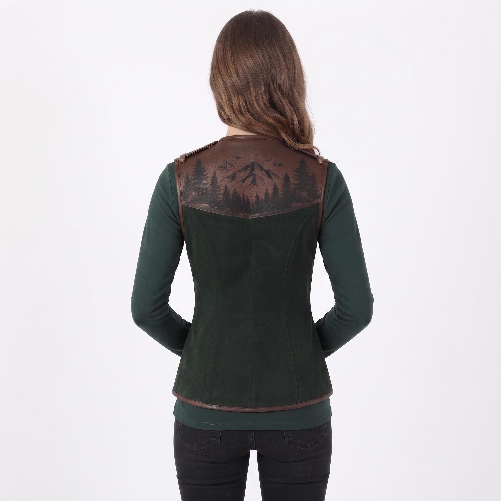 Women's Forest Green Suede Vest: Engraved Mountain Landscape, Leather Accents, Cottagecore Outerwear