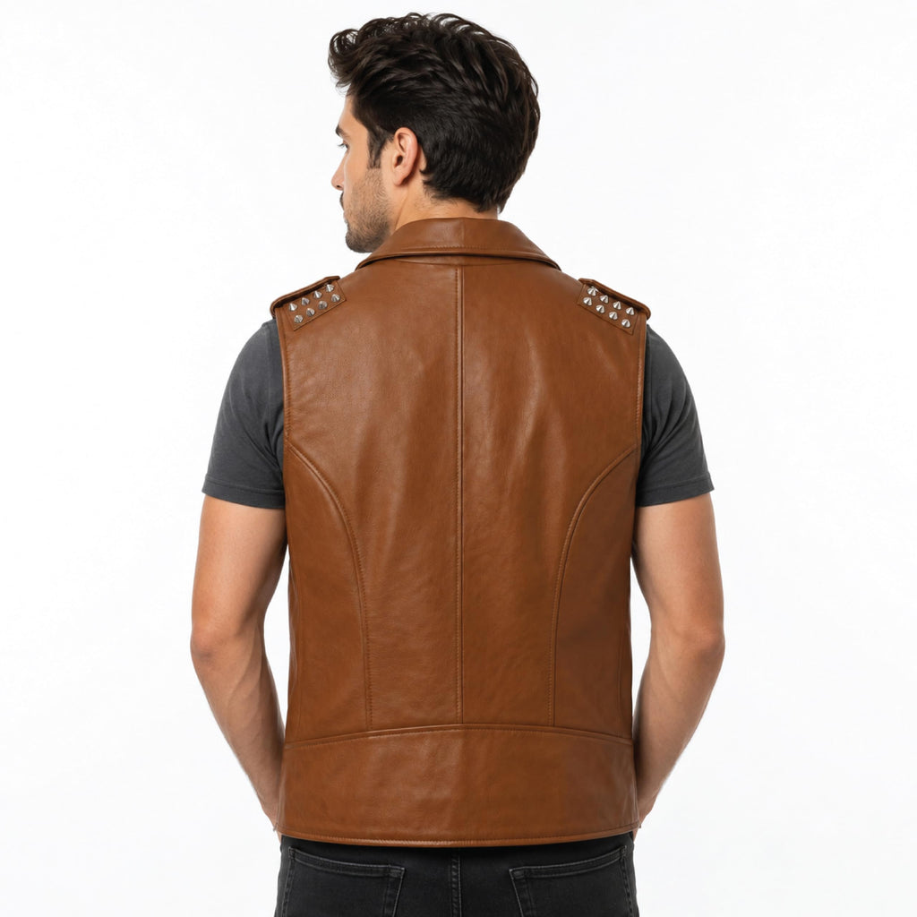 Timber AND Hide Men's Genuine Leather Motorcycle Biker Vest – Classic Double Rider Style with Studded Shoulders