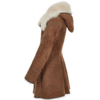 Hooded Toscana Coat Brown with Shearling Trim – Women Toscano Sheepskin Jacket in Toscano Leather