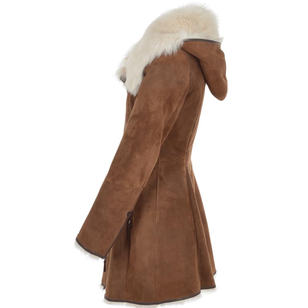 Hooded Toscana Coat Brown with Shearling Trim – Women Toscano Sheepskin Jacket in Toscano Leather