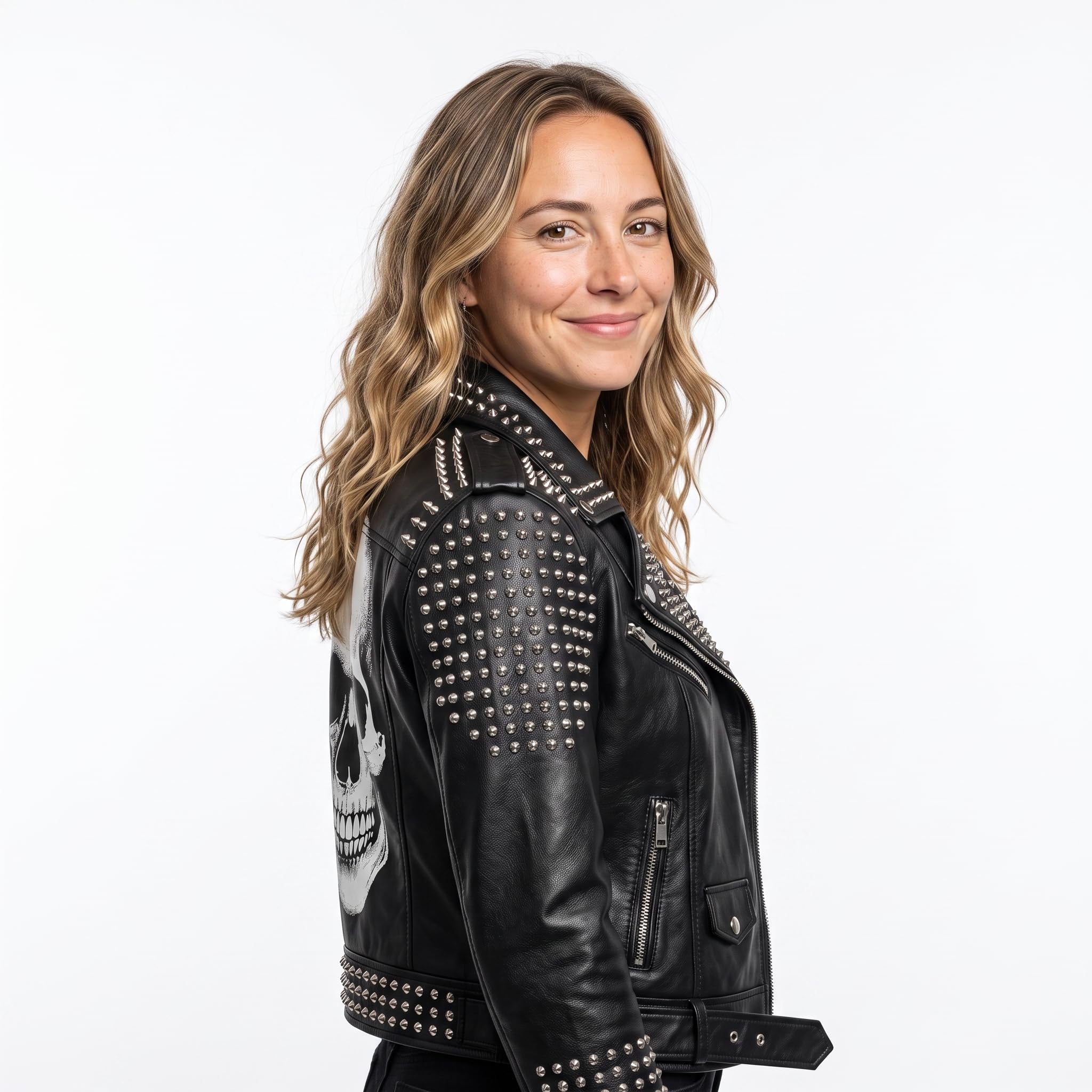 Women’s Handmade Black Leather Motorcycle Jacket – Studded, Spiked, & Hand-Painted Misfits Punk Rocker Style