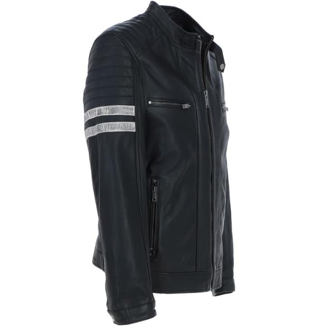 Men's Real Leather Biker Jacket With Stitch Detailings Navy