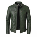 A dark green faux leather motorcycle jacket with a stand collar, zippered chest pockets, and a front zipper, displayed on a white background.