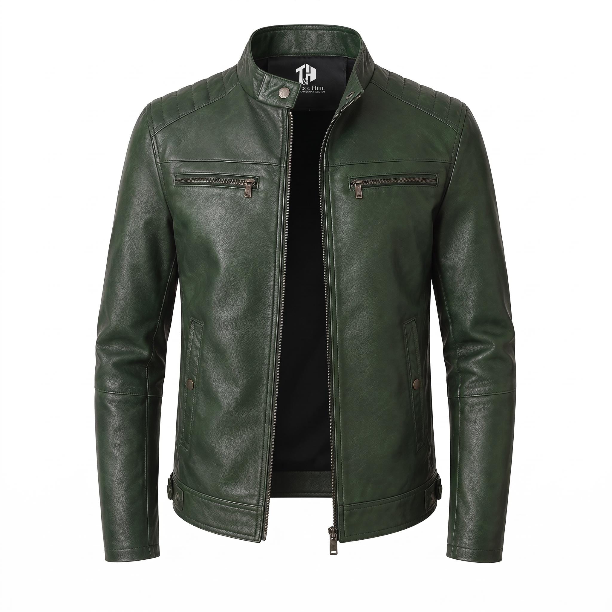 A dark green faux leather motorcycle jacket with a stand collar, zippered chest pockets, and a front zipper, displayed on a white background.