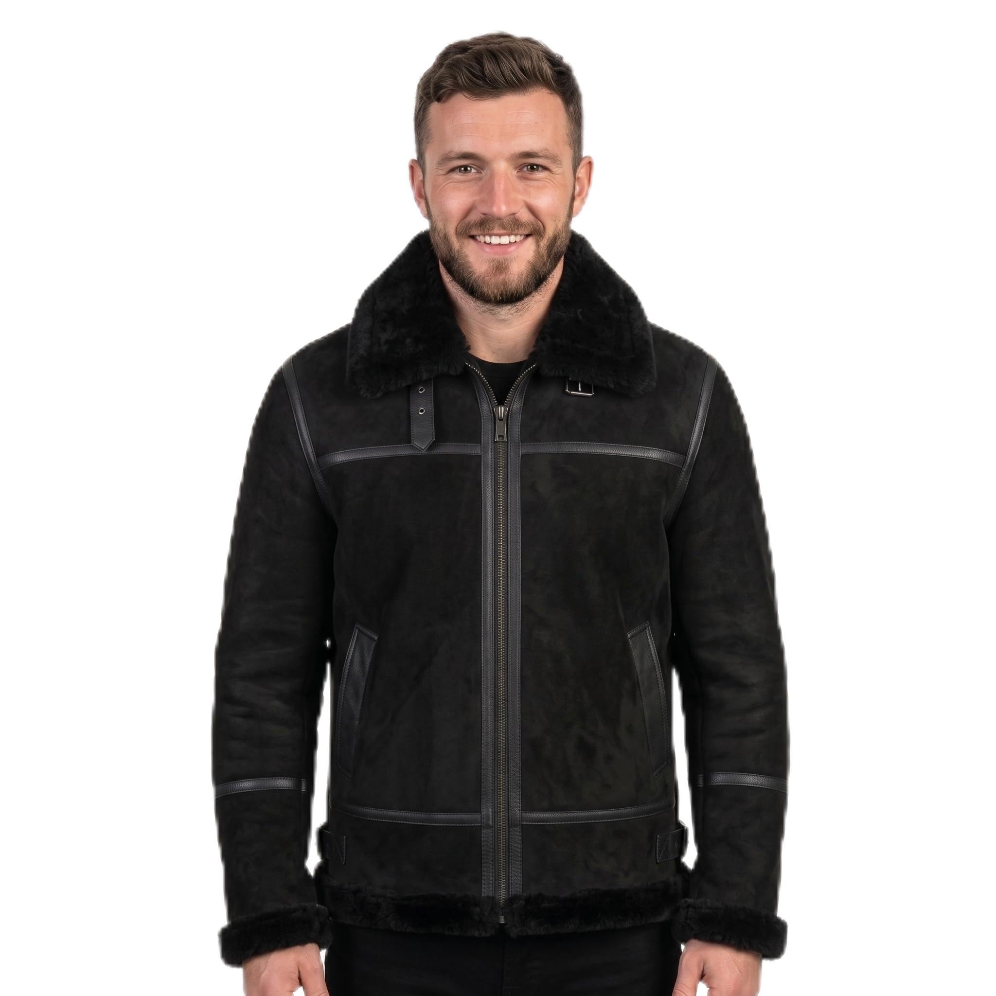Black Suede Lamb Shearling Biker Jacket with Buckle Collar – Premium Suede Shearling Jacket