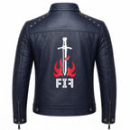 Brown Leather Biker Jacket with Sword Flame Graphic – Moto Punk Streetwear Coat