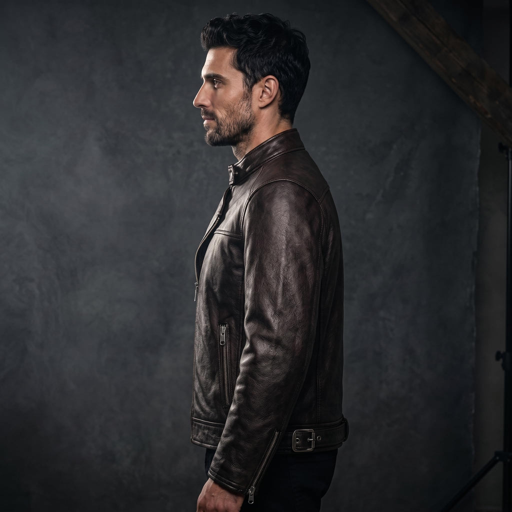 Men's Biker Club V-Twin Engine Leather Jacket - Winged Motor Graphic Cafe Racer
