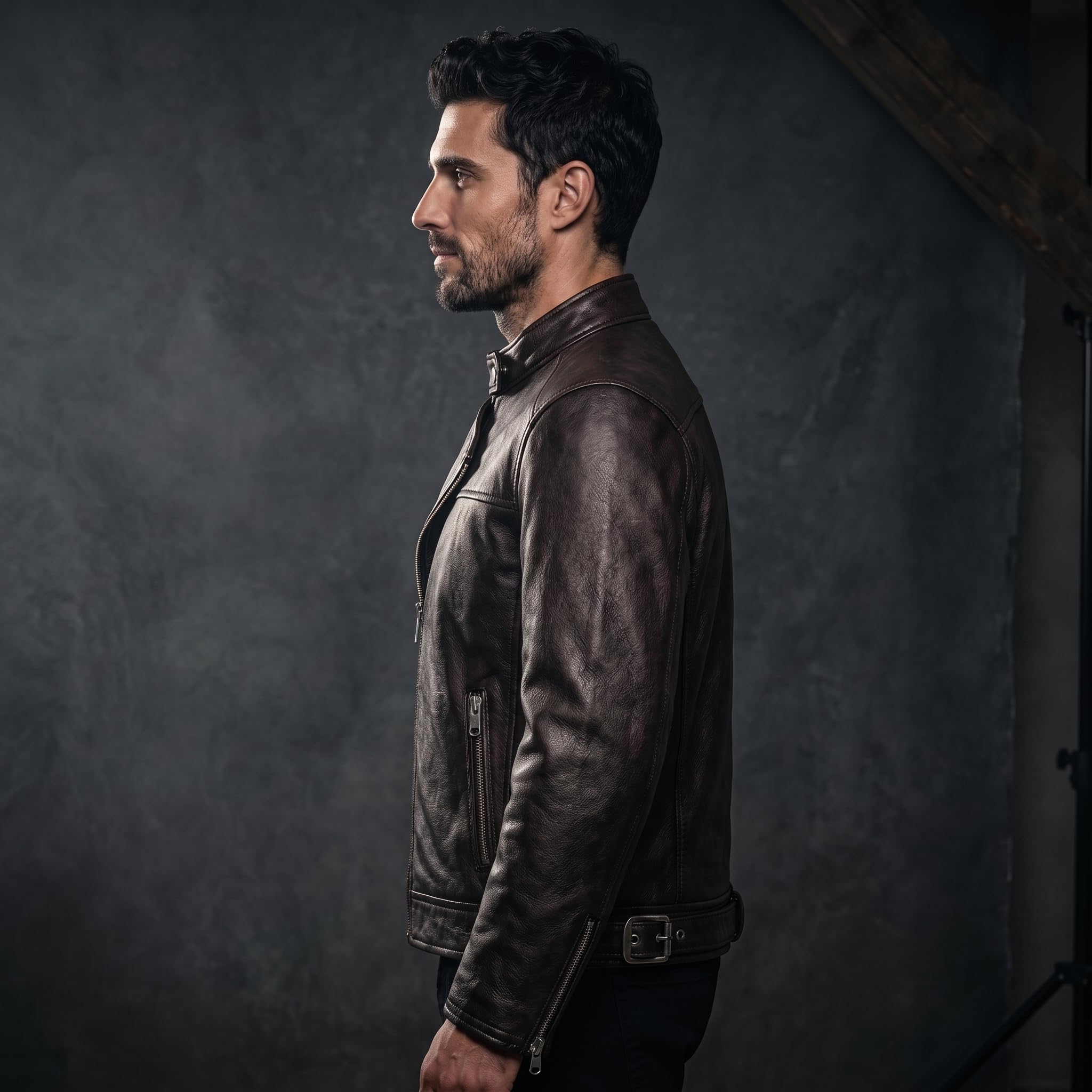 Men's Biker Club V-Twin Engine Leather Jacket - Winged Motor Graphic Cafe Racer