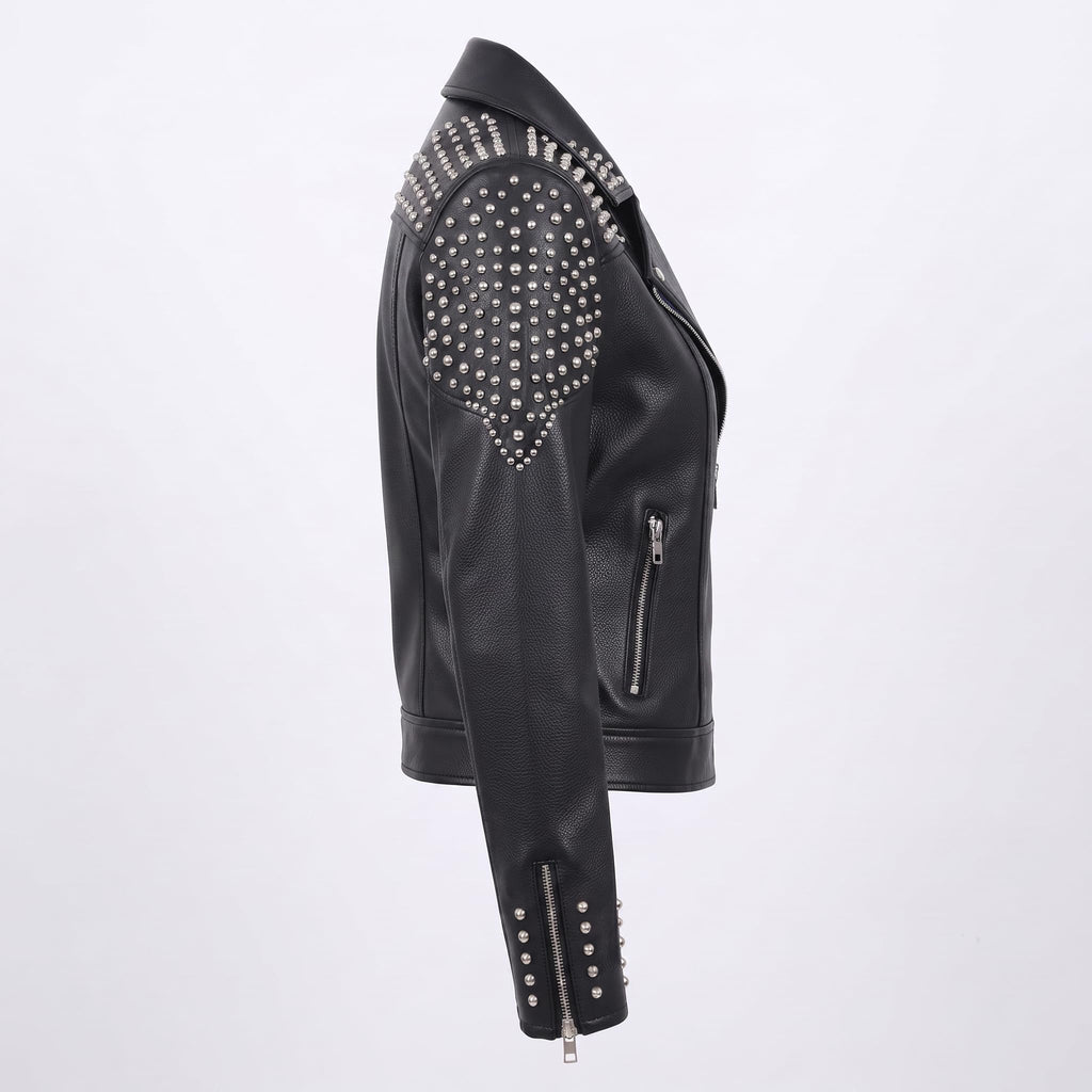 Women's Handcrafted Studded Black Leather Biker Jacket – Edgy Rockstar Style