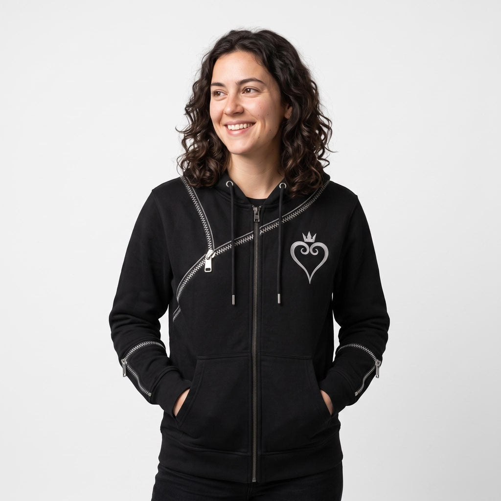 Women's Kingdom Hearts Black Zip-Up Hoodie | Fleece Gaming Sweatshirt | Keyblade Graphic Cosplay Jacket
