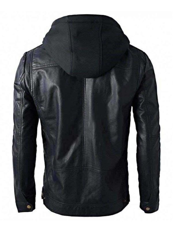 New Men’s Motorcycle Brando Style Biker Real Leather Detachable Hoodie Jacket – Black