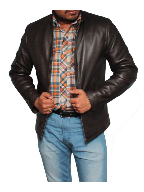Men's Casual Style Classic Leather Jacket - Dark Brown