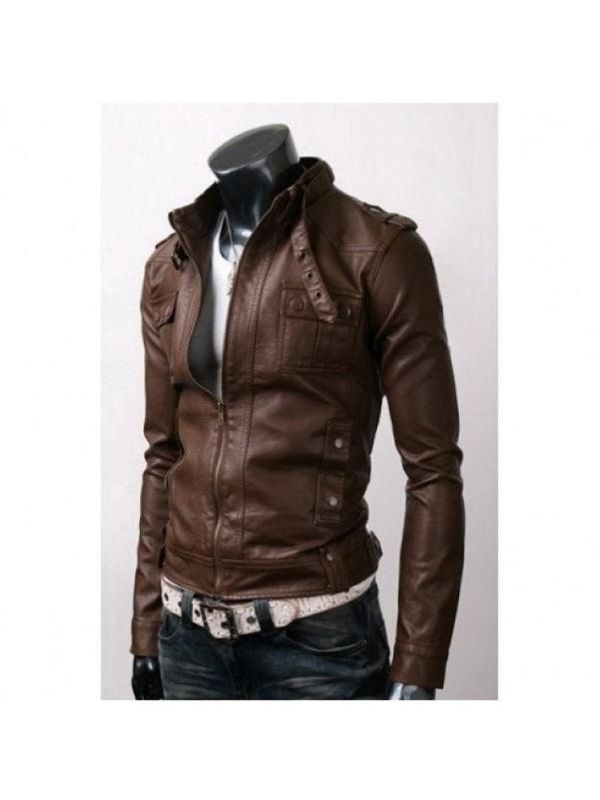 Strap Pocket Slim-Fit Light Brown Leather Jacket