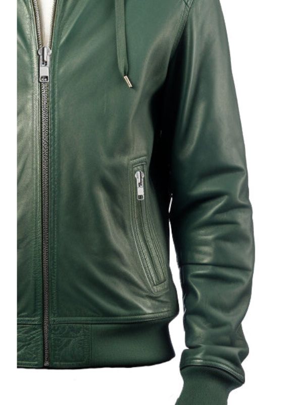 Men’s Faux Leather Jacket with Hood – Green