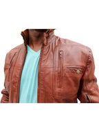 Men Vintage Biker Stylish Leather Jacket – Tan Brown