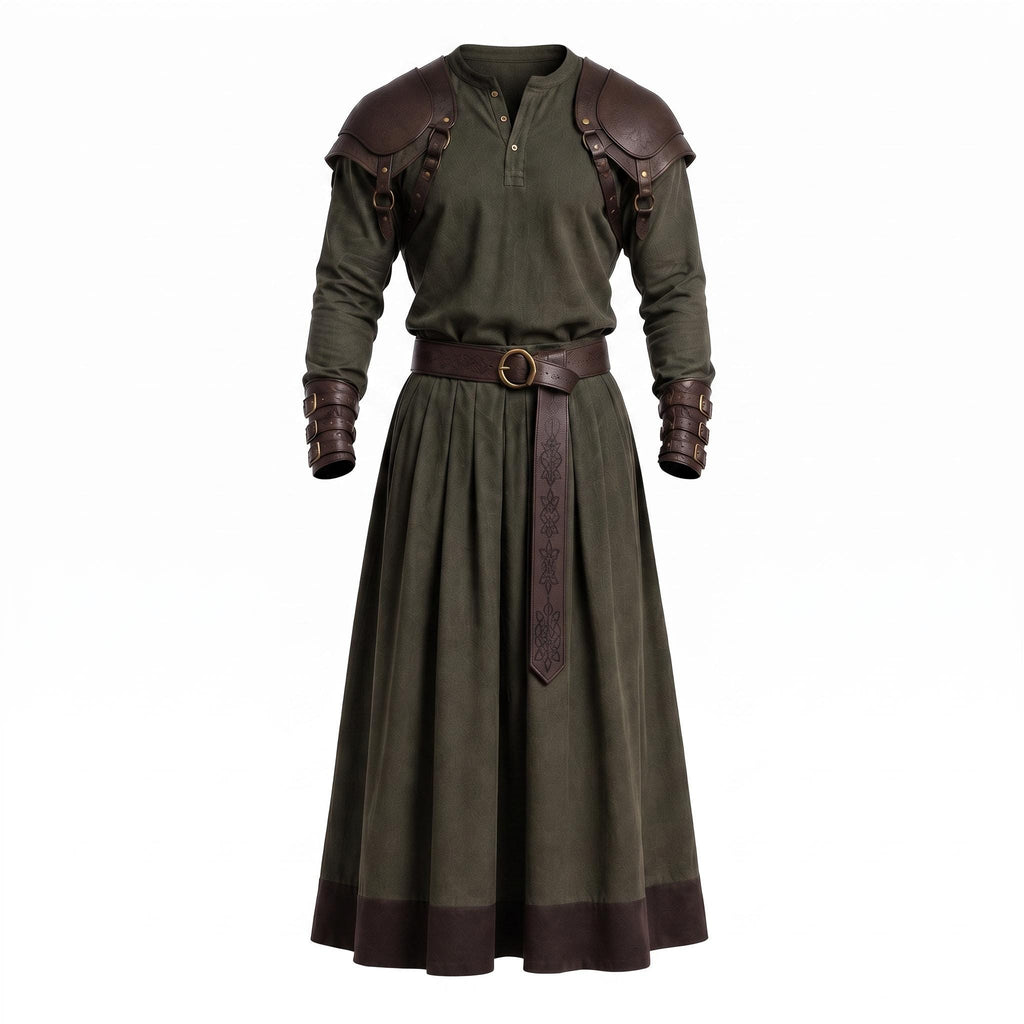 Men's Medieval Warrior Robe with Leather Shoulder Armor, Viking Tunic Costume, Fantasy Knight Garment