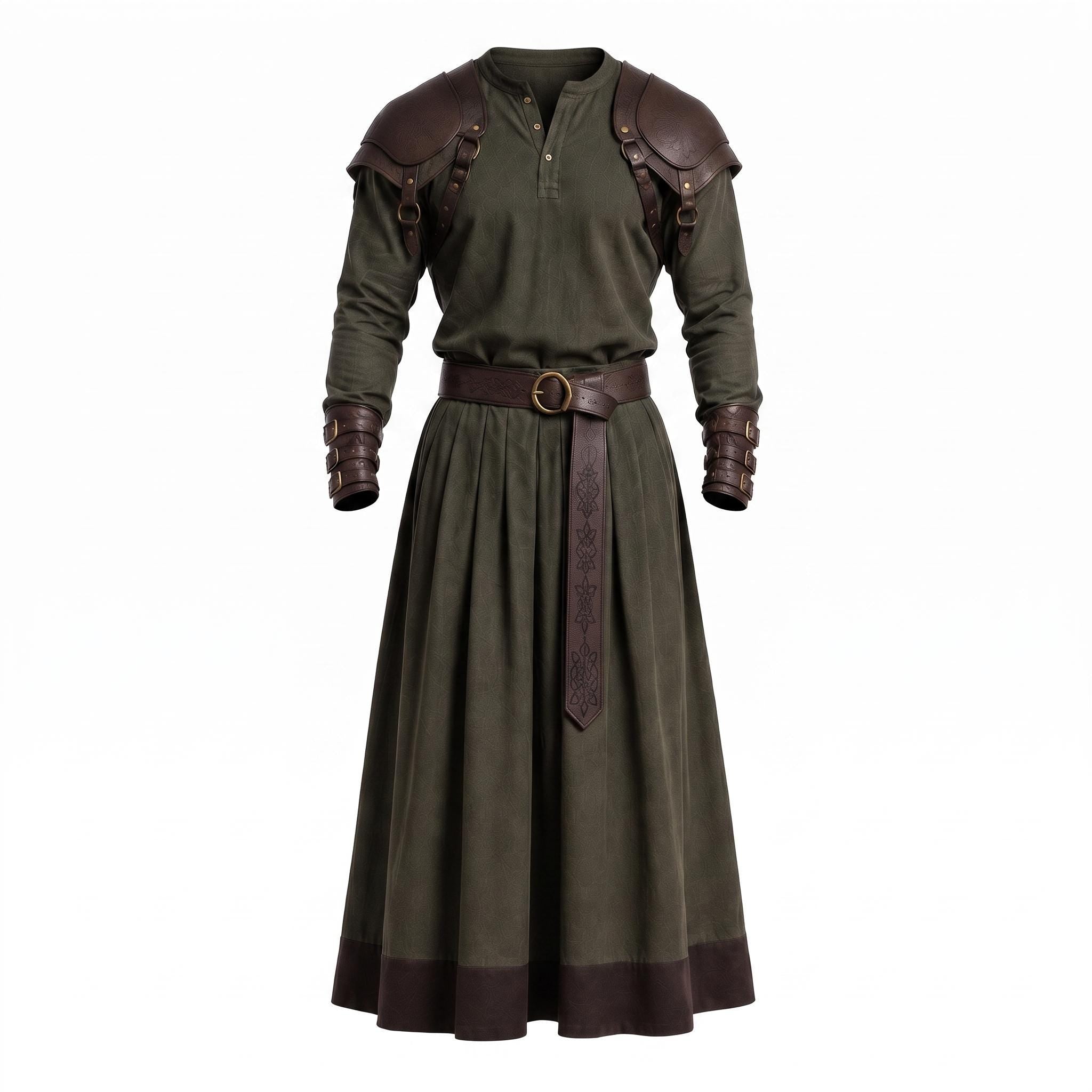 Men's Medieval Warrior Robe with Leather Shoulder Armor, Viking Tunic Costume, Fantasy Knight Garment