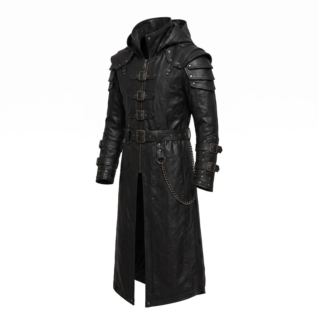 Men's Handmade Black Leather Samurai Coat | Hooded Ronin Cosplay Jacket, Warrior Armor