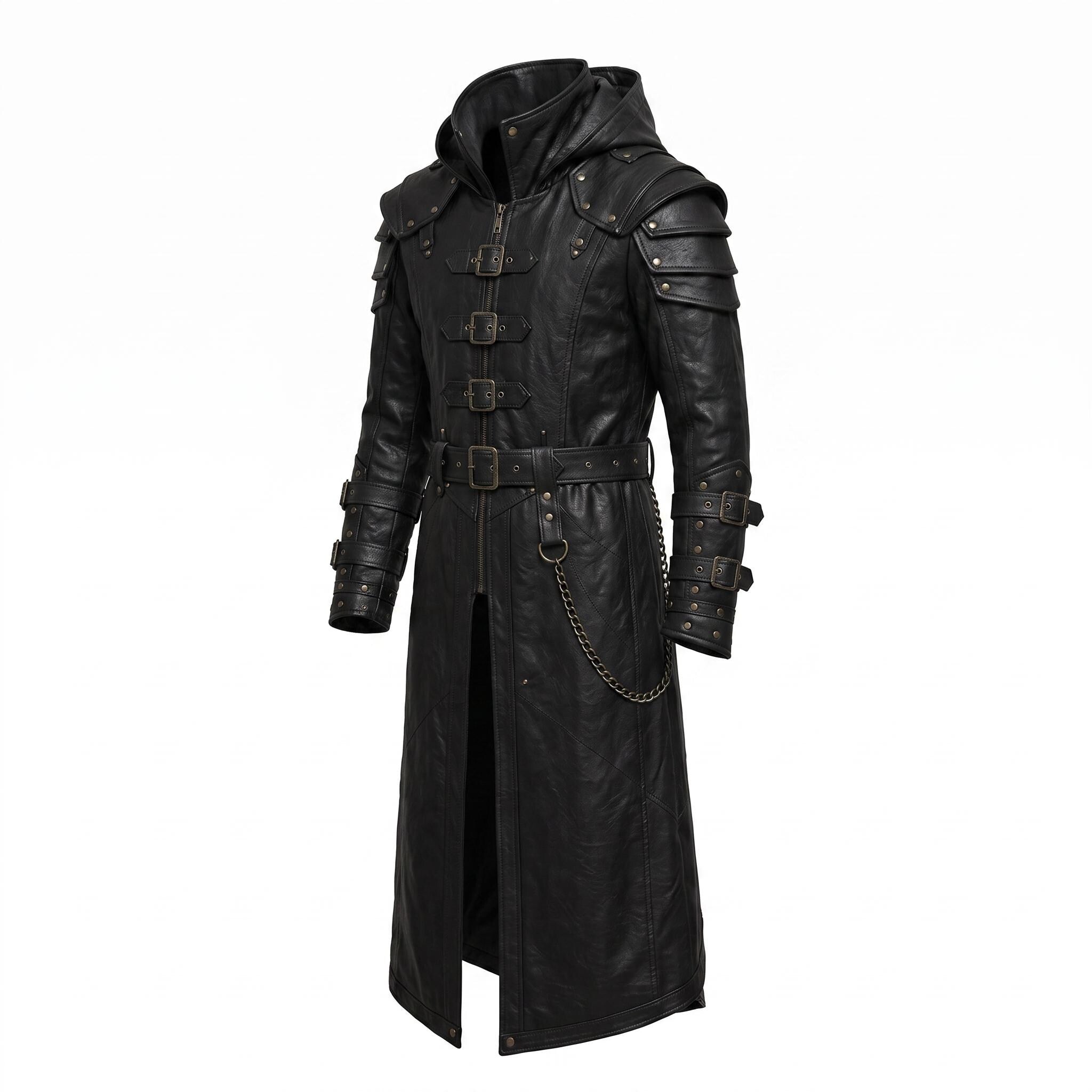 Men's Handmade Black Leather Samurai Coat | Hooded Ronin Cosplay Jacket, Warrior Armor