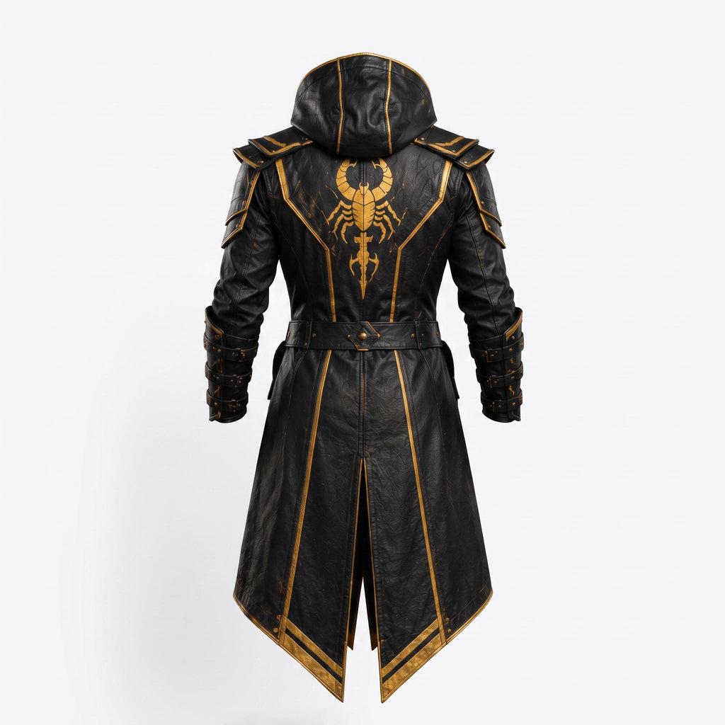 Men's Scorpion Leather Hooded Coat | Black Gold Armor Cosplay Jacket | Fantasy LARP Outfit