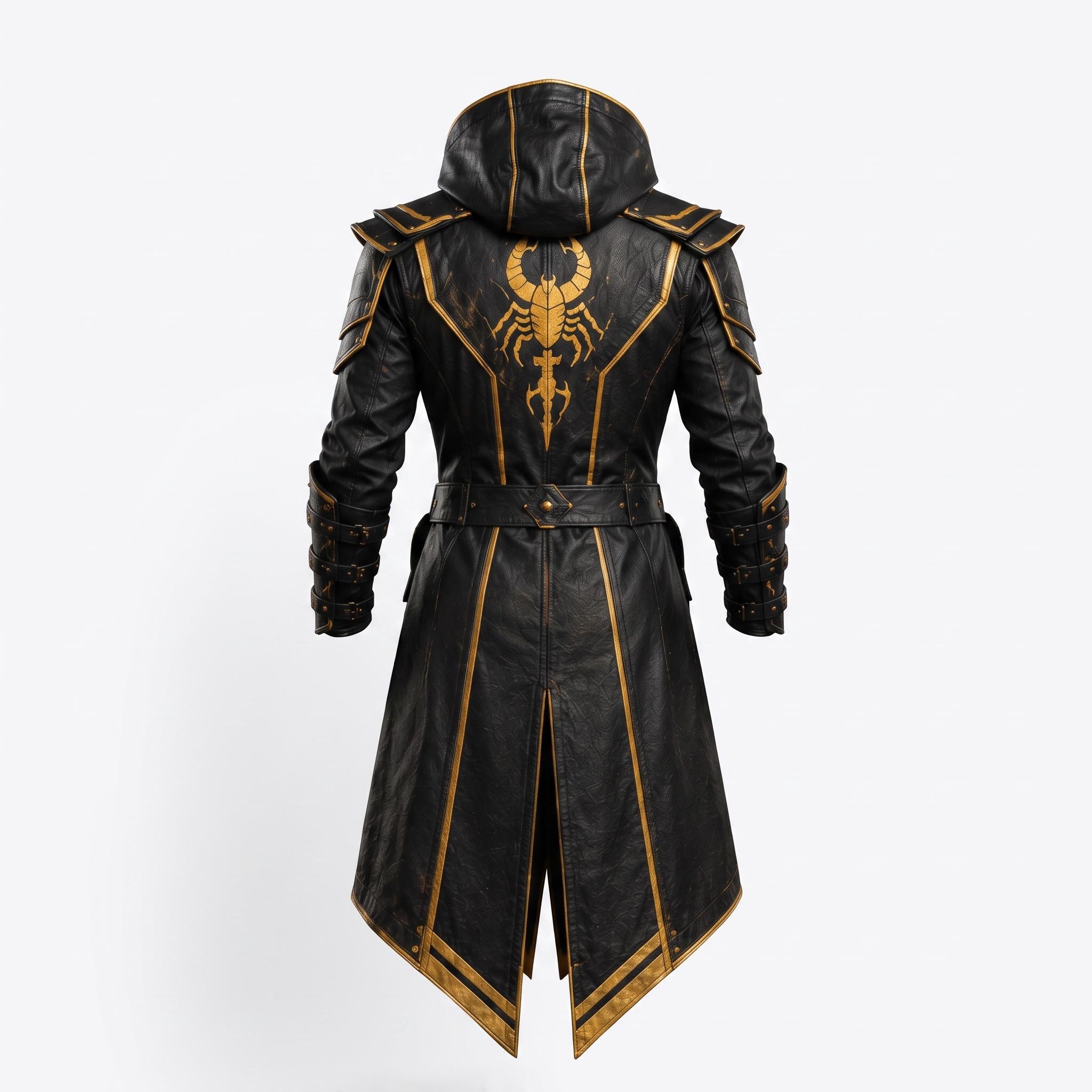 Men's Scorpion Leather Hooded Coat | Black Gold Armor Cosplay Jacket | Fantasy LARP Outfit