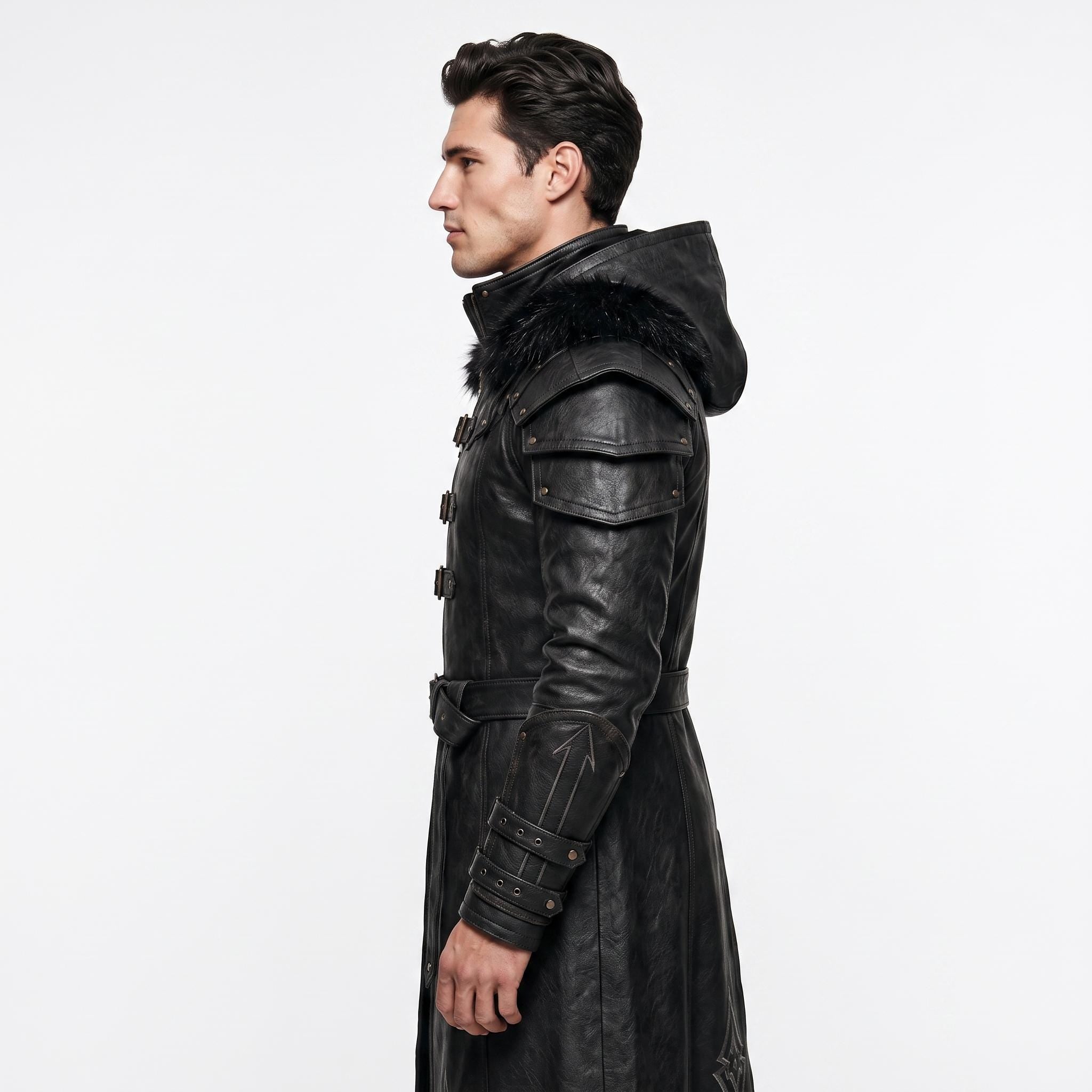 Men's Black Leather Hooded Armor Coat | Medieval Viking Warrior Cosplay Jacket