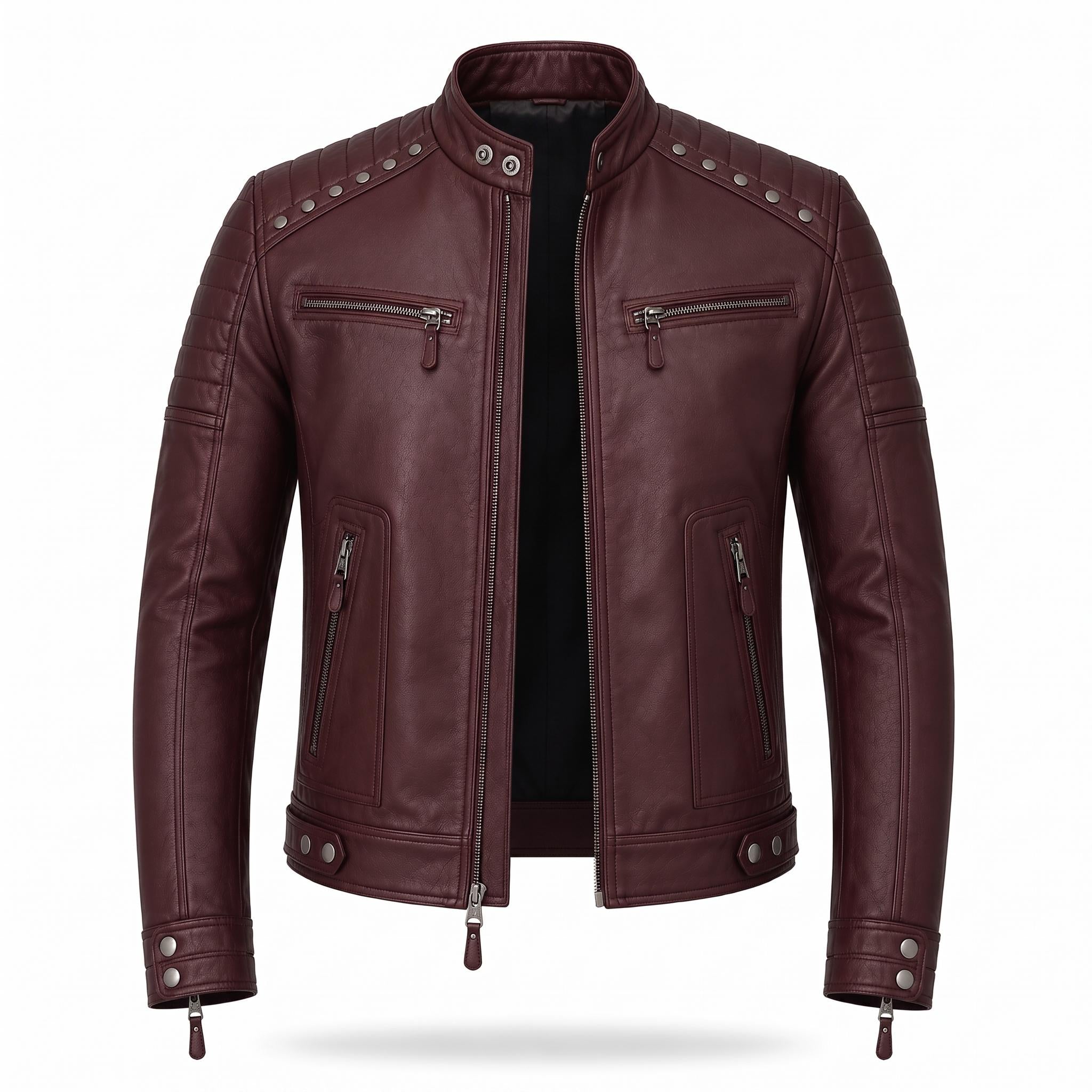 Brown Leather Biker Jacket with Sword Flame Graphic – Moto Punk Streetwear Coat