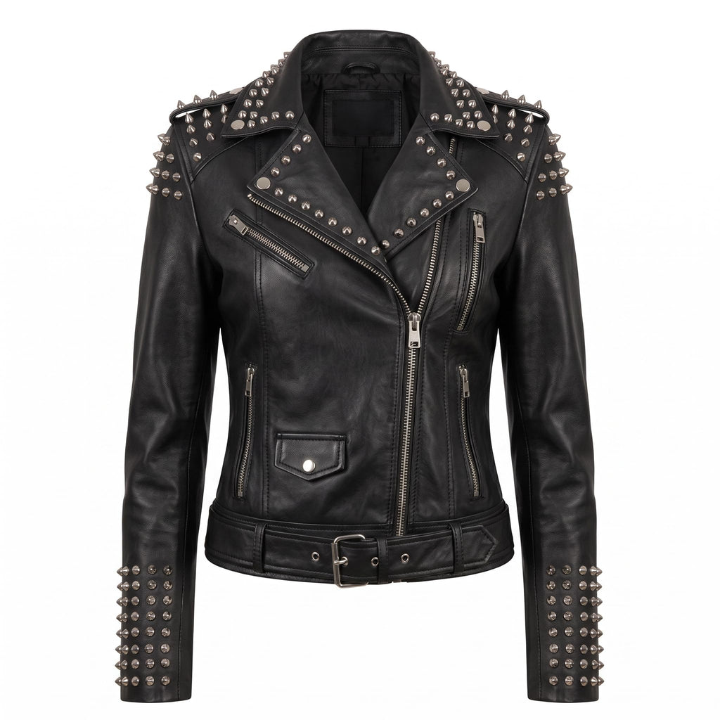 Women’s Handmade Black Leather Motorcycle Jacket – Studded, Spiked, & Hand-Painted Misfits Punk Rocker Style