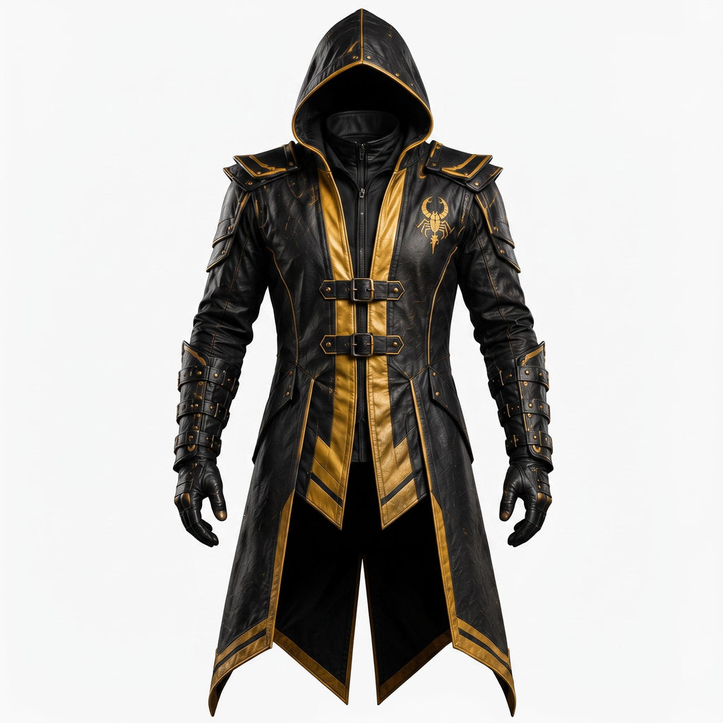 Men's Scorpion Leather Hooded Coat | Black Gold Armor Cosplay Jacket | Fantasy LARP Outfit