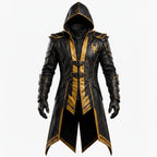 Men's Scorpion Leather Hooded Coat | Black Gold Armor Cosplay Jacket | Fantasy LARP Outfit
