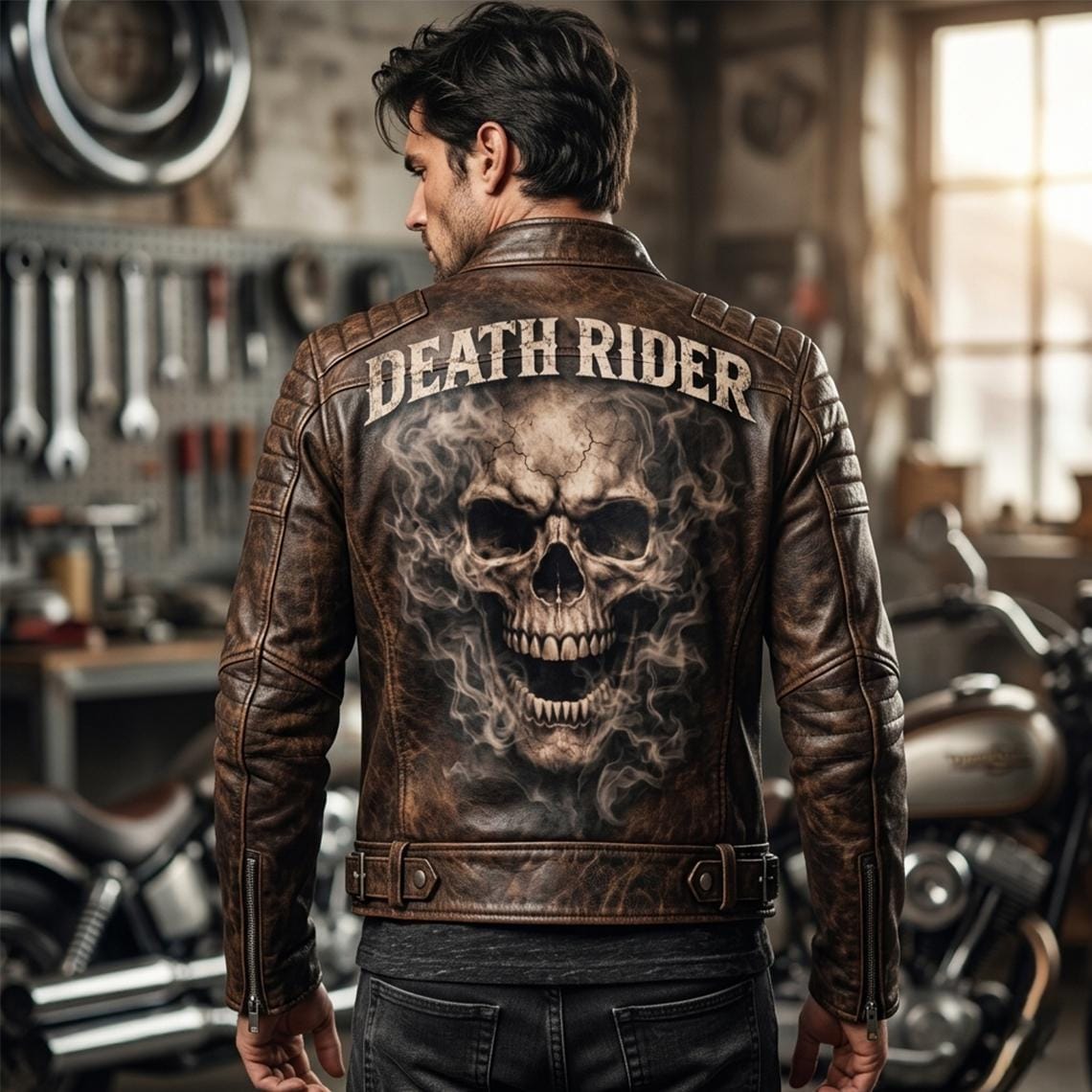 Motorcycle jacket with skull back | brown leather biker jacket | vintage moto style