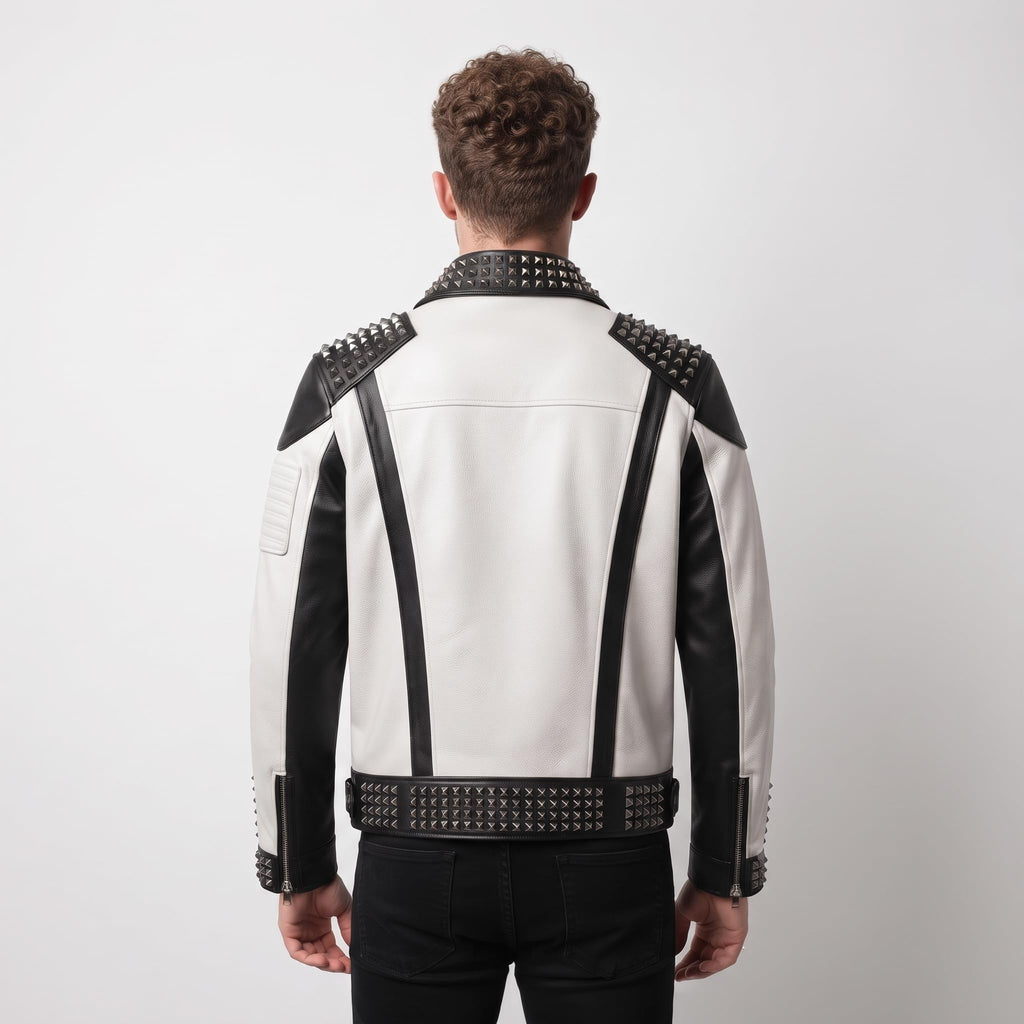 Men's Handmade Two-Tone Leather Biker Jacket | Studded Moto Punk Rock