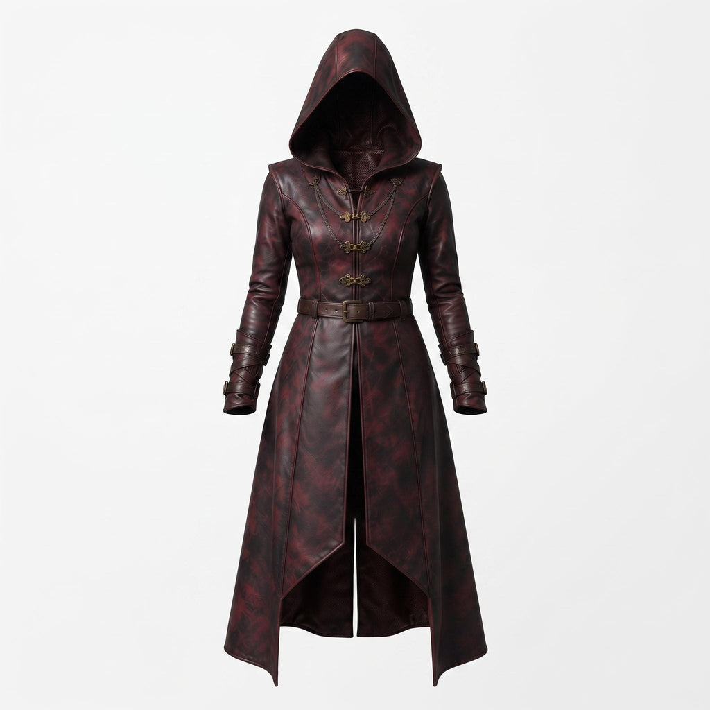 Women's Oxblood Leather Hooded Coat | Hand-Dyed Smoky Black Patina Trench Jacket
