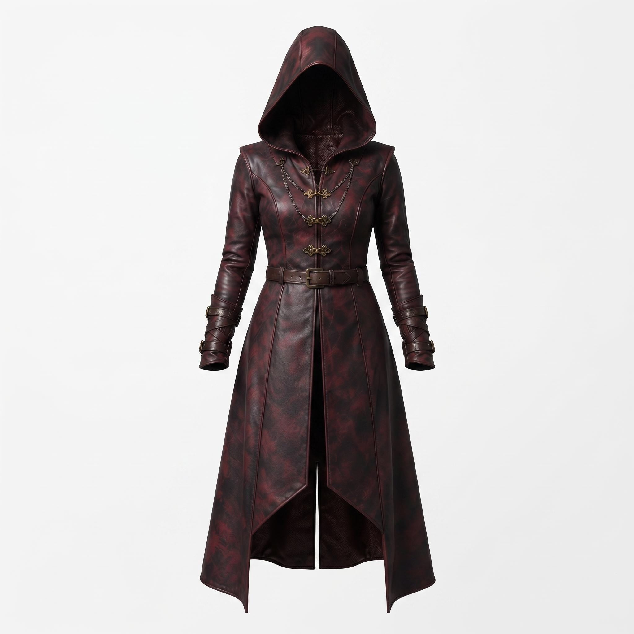 Women's Oxblood Leather Hooded Coat | Hand-Dyed Smoky Black Patina Trench Jacket