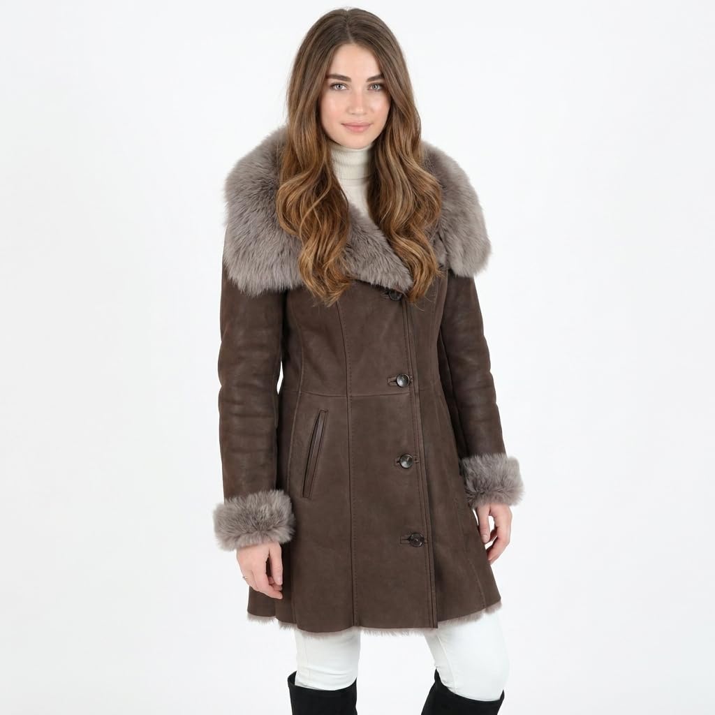 Women's Sheepskin Long Hair Toscana Lapel Coat Brown