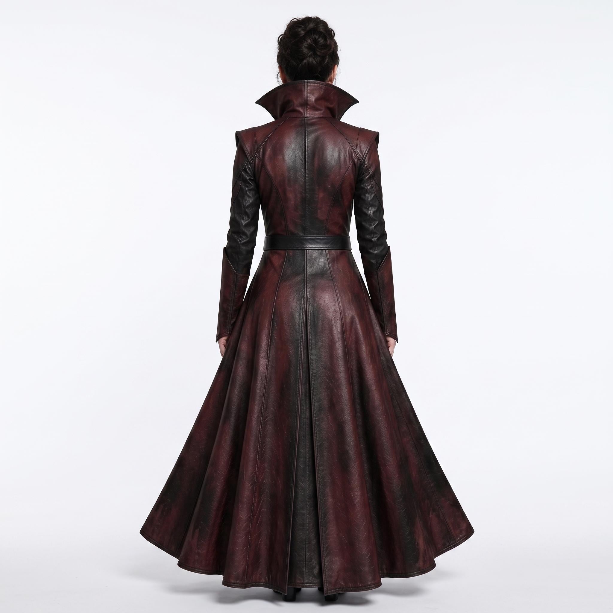 Women's Gothic Vampire Queen Burgundy Leather Trench Coat