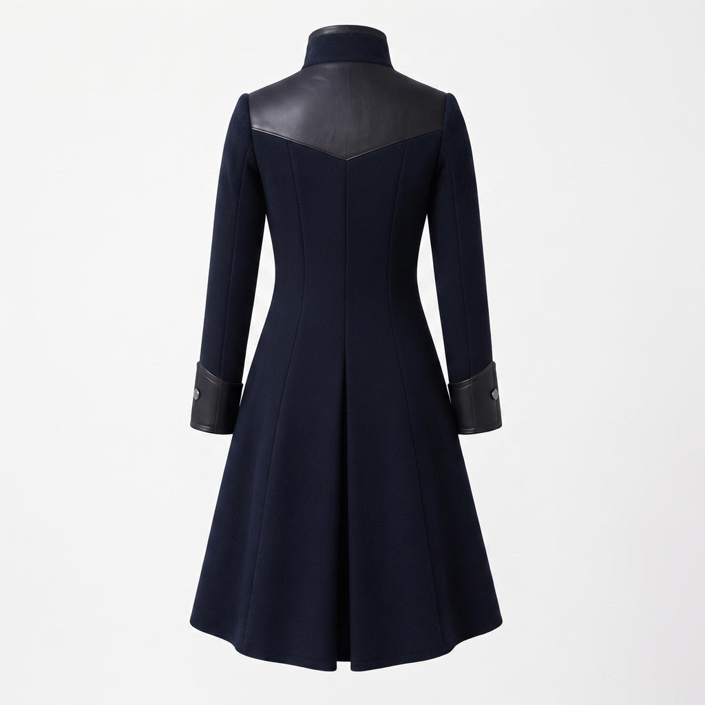 Navy Wool Coat with Leather Trim, Buckle Front, Dark Academia Style Jacket
