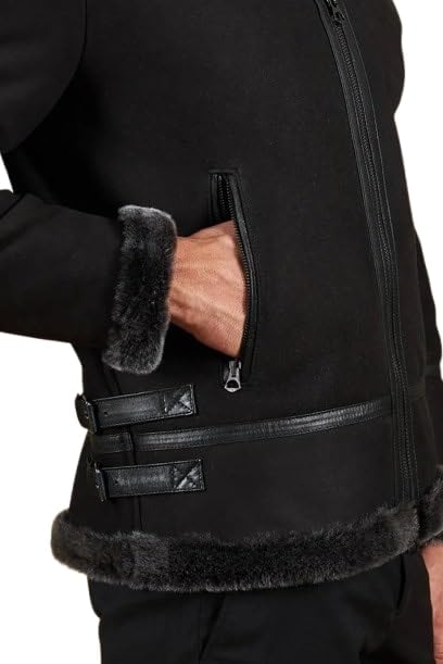 Men's Peter Black Suede Lamb Shearling Biker Jacket with Buckle Collar – Suede Shearling Jacket