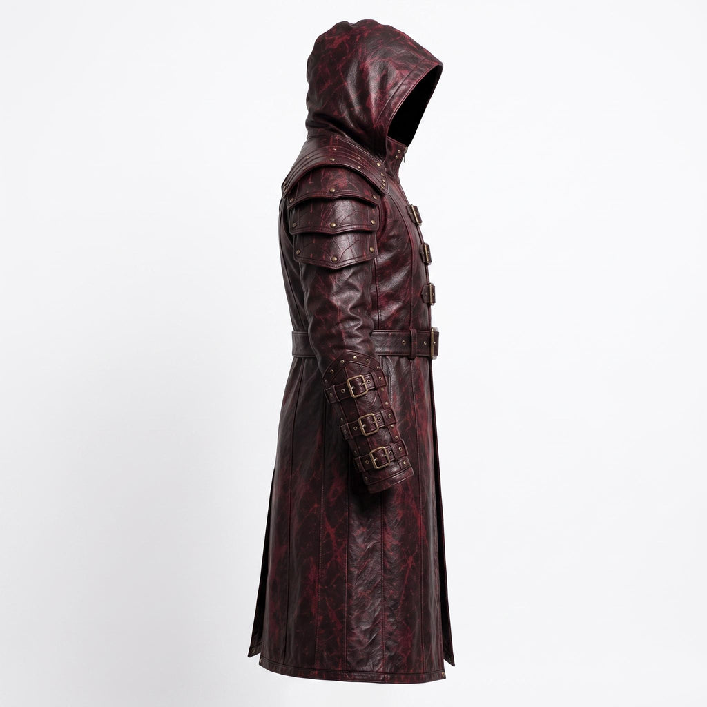 Men's Distressed Burgundy Leather Hooded Armor Coat | Medieval Viking Gothic Cosplay Jacket