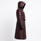 Men's Distressed Burgundy Leather Hooded Armor Coat | Medieval Viking Gothic Cosplay Jacket