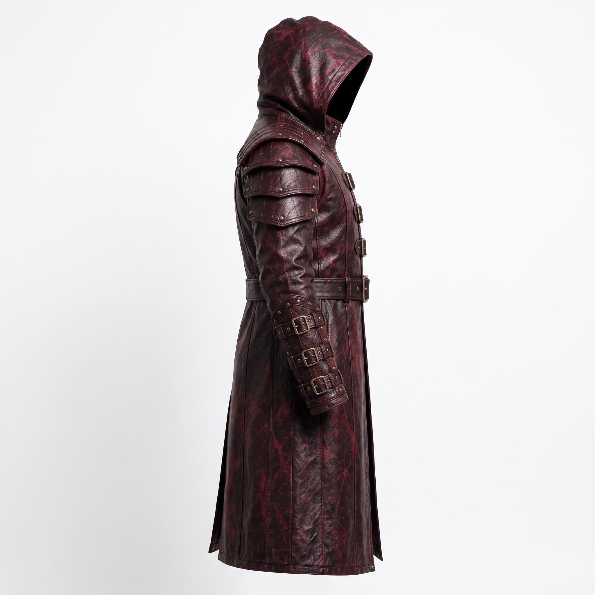 Men's Distressed Burgundy Leather Hooded Armor Coat | Medieval Viking Gothic Cosplay Jacket