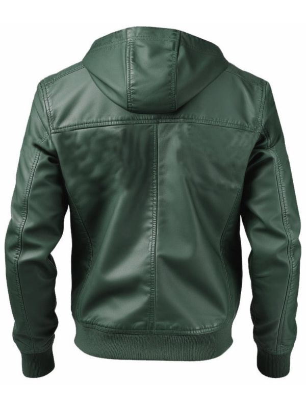 Men’s Faux Leather Jacket with Hood – Green