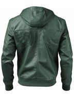 Men’s Faux Leather Jacket with Hood – Green