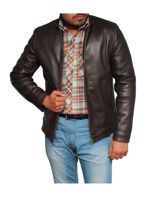 Men's Casual Style Classic Leather Jacket - Dark Brown