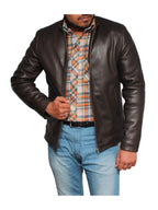 Men's Casual Style Classic Leather Jacket - Dark Brown