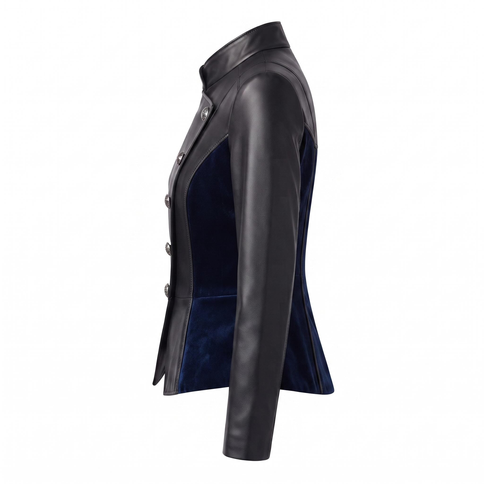 Women's Black Leather Blue Velvet Asymmetrical Military Jacket – Gothic Victorian Blazer