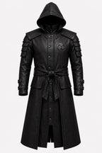 Black Leather Samurai Armor Trench Coat, Hooded Warrior Jacket, Gothic Cosplay Apparel
