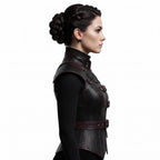 Black Faux Leather Corset Armor | Women's Gothic Burgundy Trim Bodice, Steampunk Warrior Costume Top