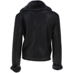 Black Crinkled Leather Aviator Jacket, Women's Shearling Trim Bomber