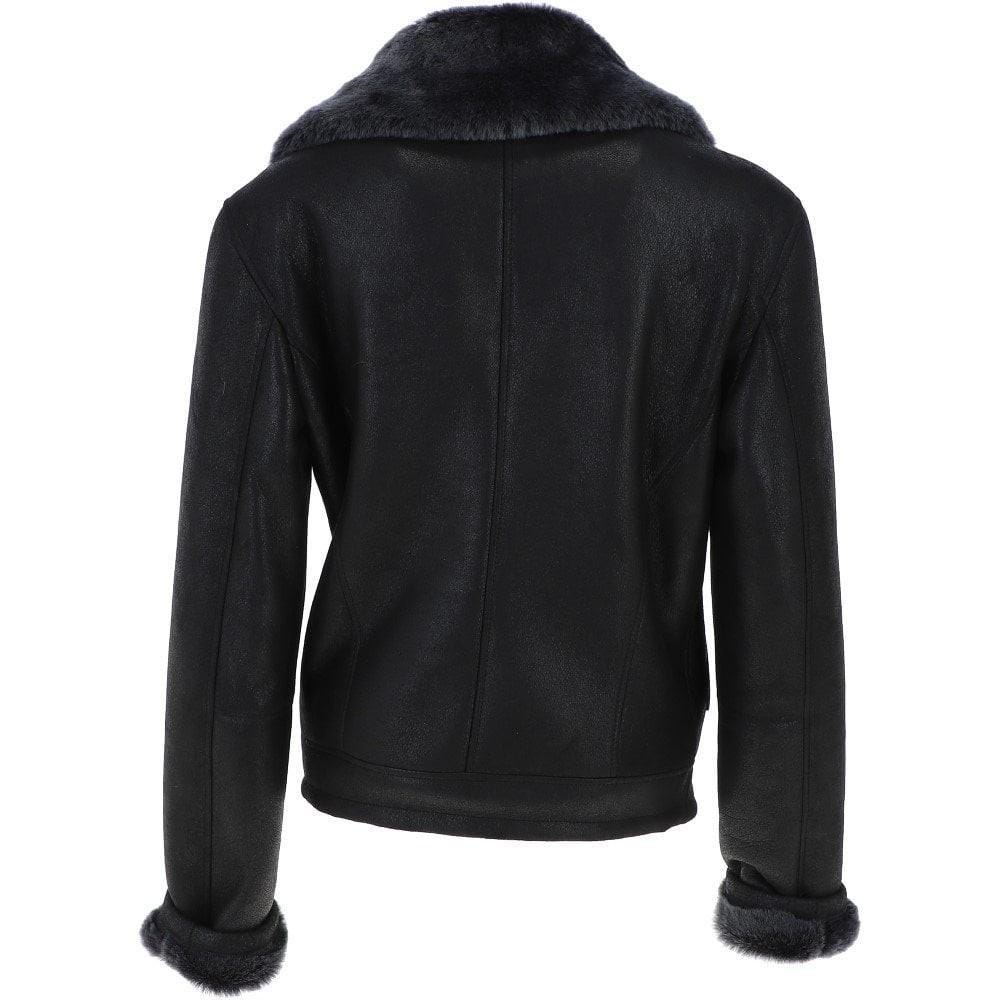 Black Crinkled Leather Aviator Jacket, Women's Shearling Trim Bomber